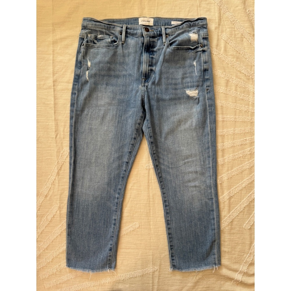 FRAME Le Beau Crop Jeans Women's 28 Distressed Light Wash Raw Hem - Picture 2 of 8
